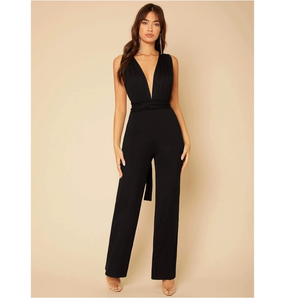 Multi Way Wrap Tie Top Black Elegant Jumpsuit Wide Long Leg Backless - Picture 7 of 16